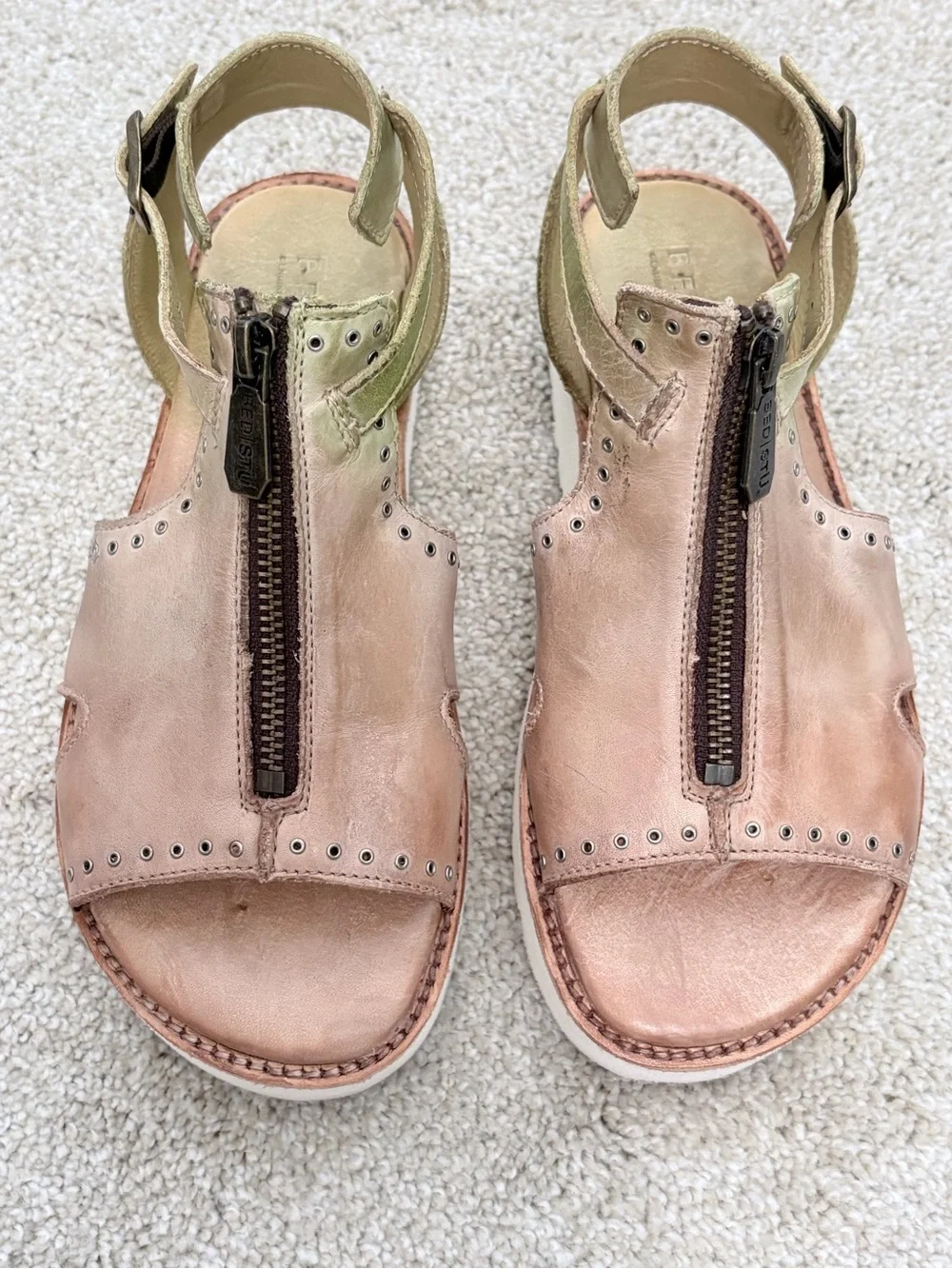 Bed Stu Pink Leather Front-Zip Studded Sandals